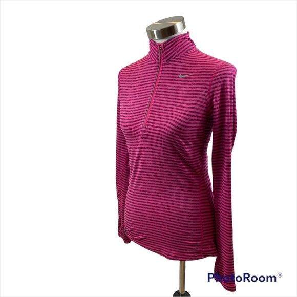Ladies Nike Running Dri-Fit Long Sleeved 1/4 Zipper Top Pink and Grey Striped XS - Picture 4 of 16